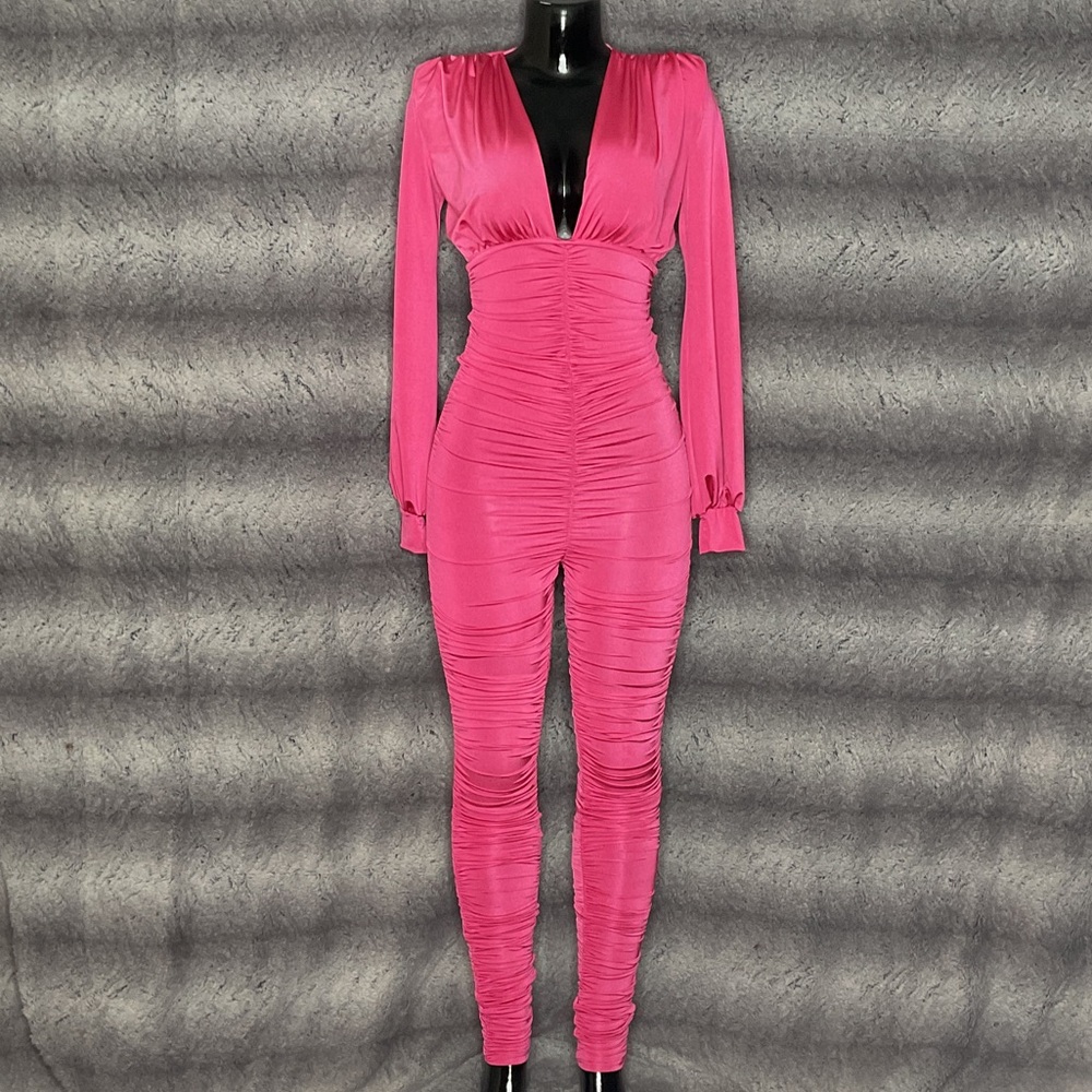 Chic Pink Ruched Jumpsuit